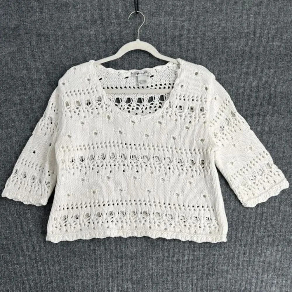 Vintage Speigel Womens Sweater Size Medium White Open Knit Cropped Pullover 90s